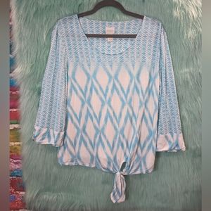 Chico's Blue and White Long Sleeve Front Tie Pattern Top Size 2